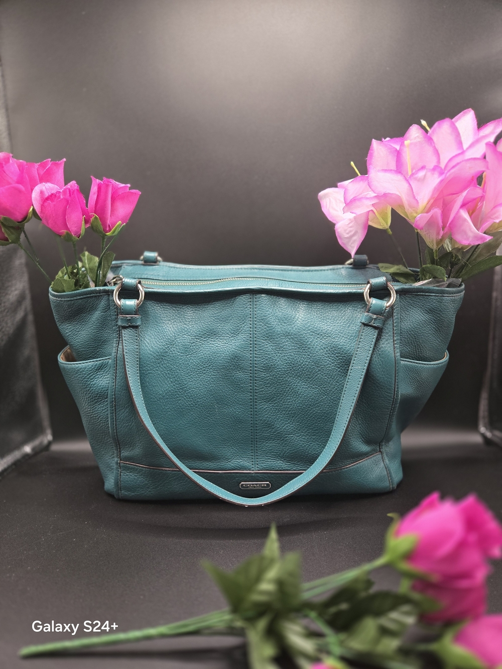 Coach Pebbled Leather Teal Zip Top Tote Shoulder Bag